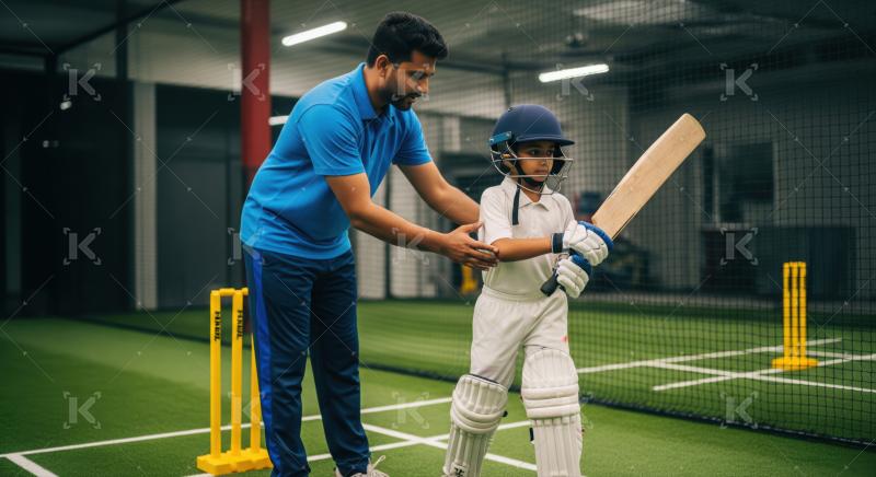 Coach Teaching Young Boy Cricket Batting in Indoor Net