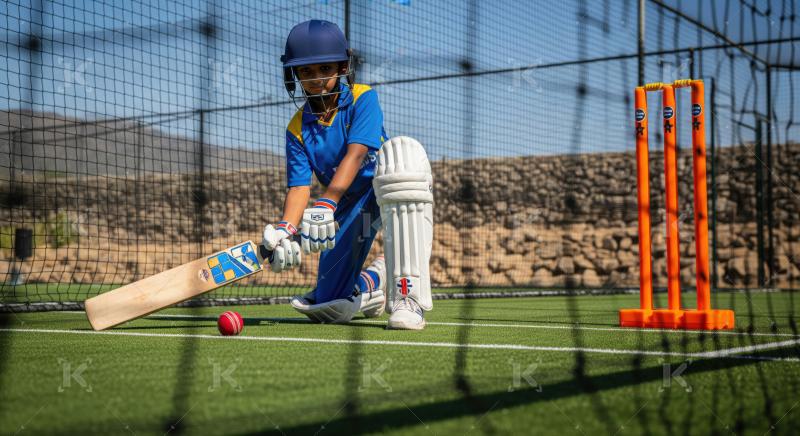 Young Boy Playing Cricket in Net Practice Area