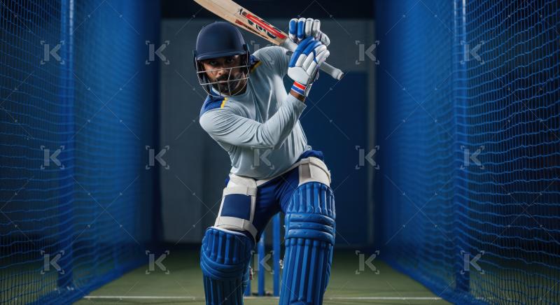 Indian Cricket Batter Ready in Practice Nets with Bat
