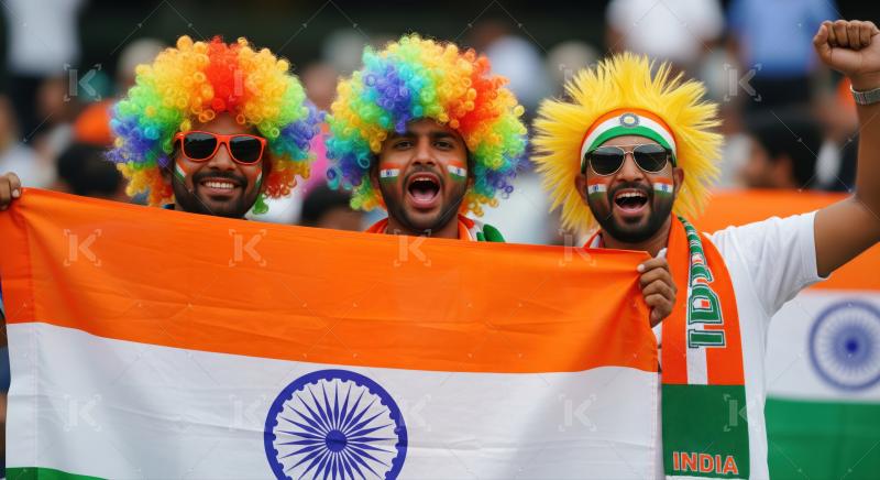Enthusiastic Indian Fans Celebrate Victory with Flag and Wigs