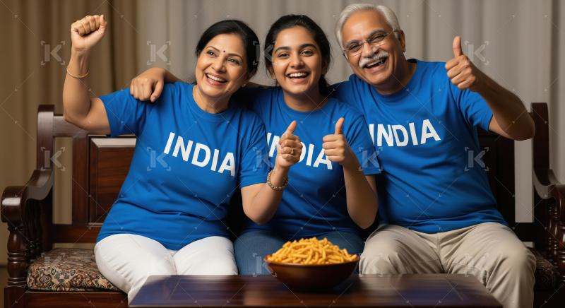 Indian Family Cheering for India with Snacks
