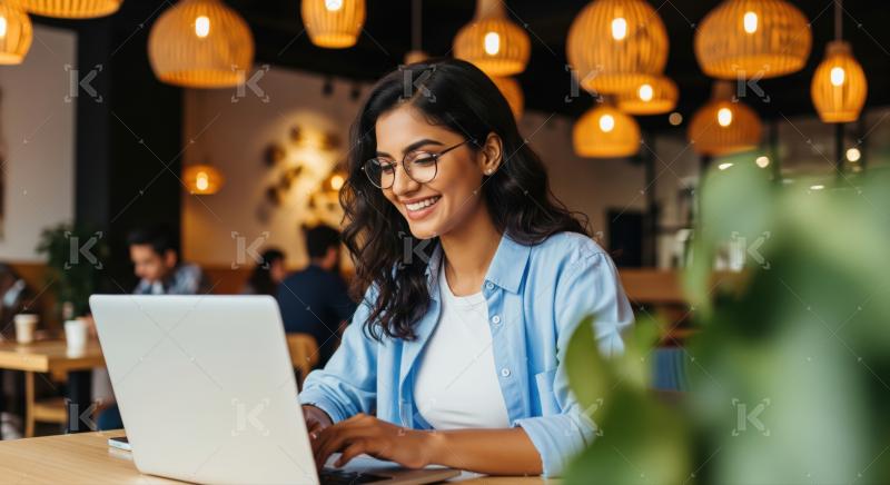 Happy woman focused on her work in a coffee shop.