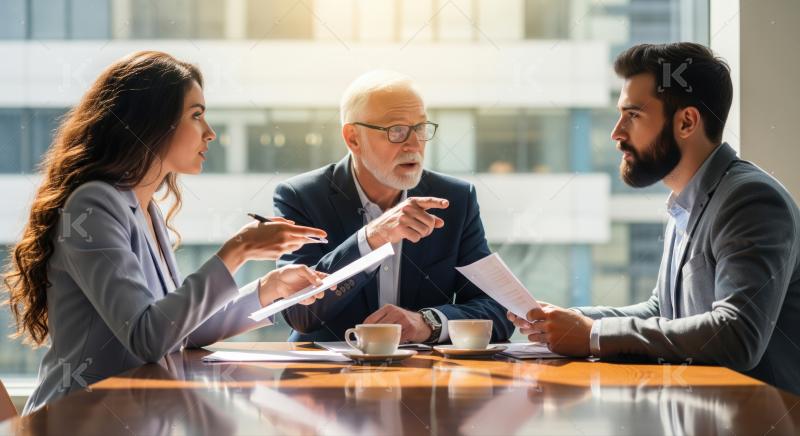 Three professionals collaborating and analyzing documents during an important business meeting.