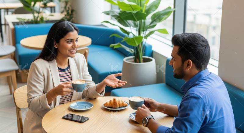 Young Indian couple happily conversing during a coffee break.