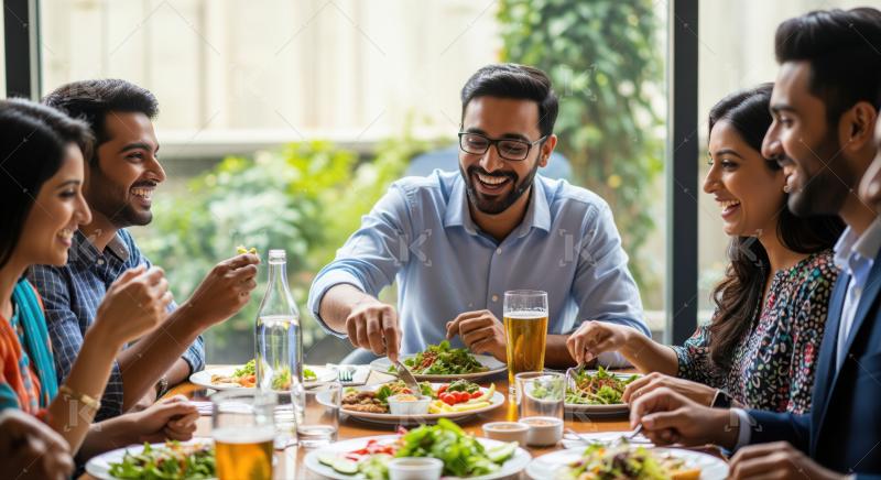 Diverse friends sharing a happy, joyful meal at restaurant.