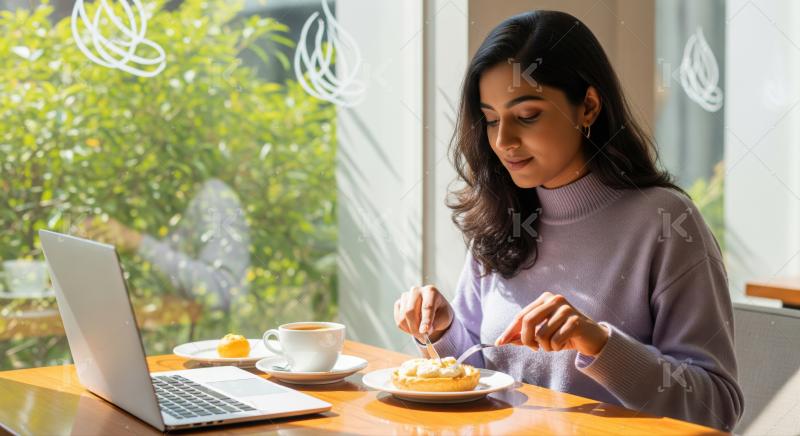 Young woman enjoys a sweet treat while relaxing at a cafe.