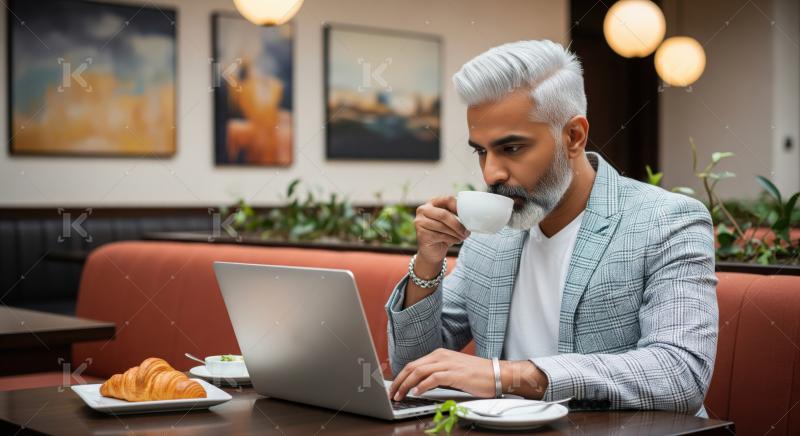 Focused man works remotely, enjoying coffee in a stylish cafe.