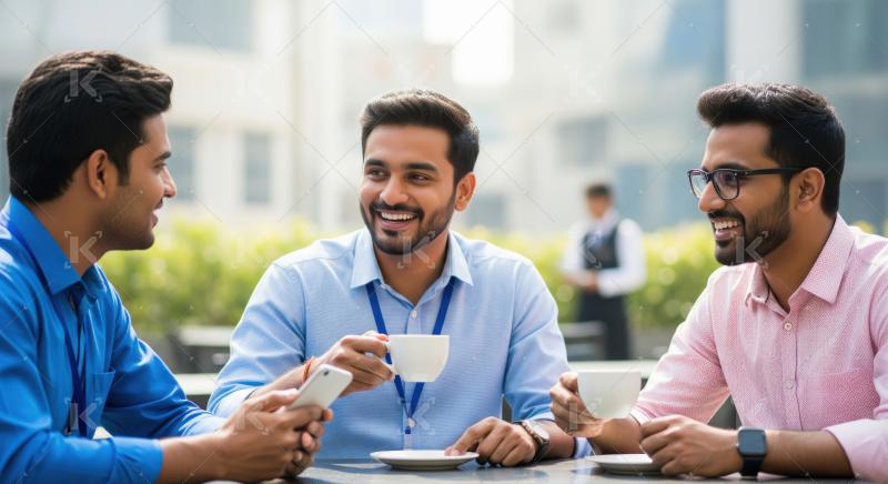Happy young Indian professionals share a lively discussion over coffee outdoors.