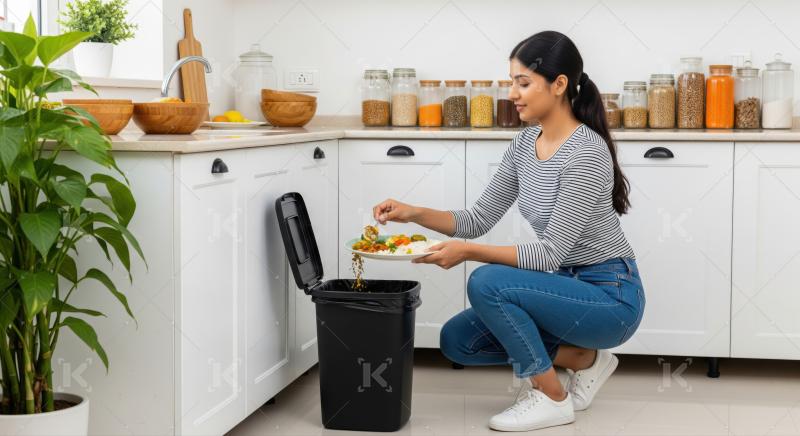 Young woman discards food waste into a modern kitchen bin.