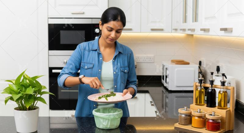 Young woman serves healthy rice and greens in modern kitchen.