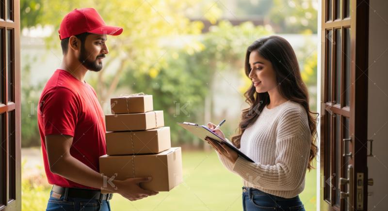 Efficient courier delivers packages, customer confirms receipt at door.