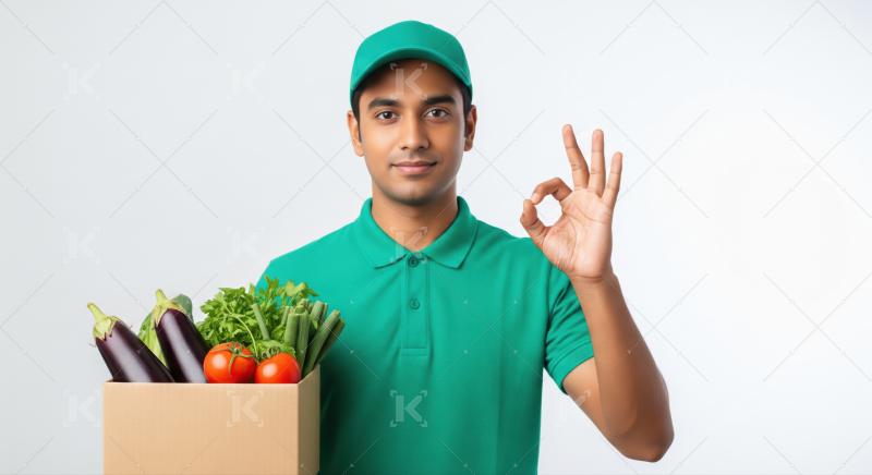 Young man delivers fresh vegetables, making an OK gesture.