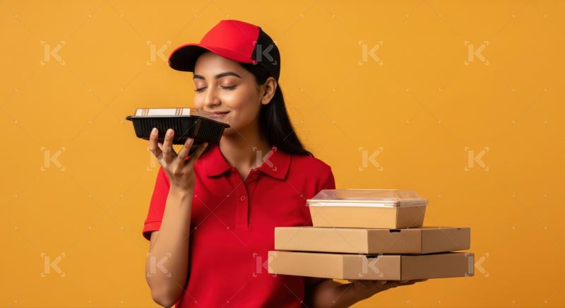 A joyful delivery worker smells the delicious aroma of fresh takeaway.