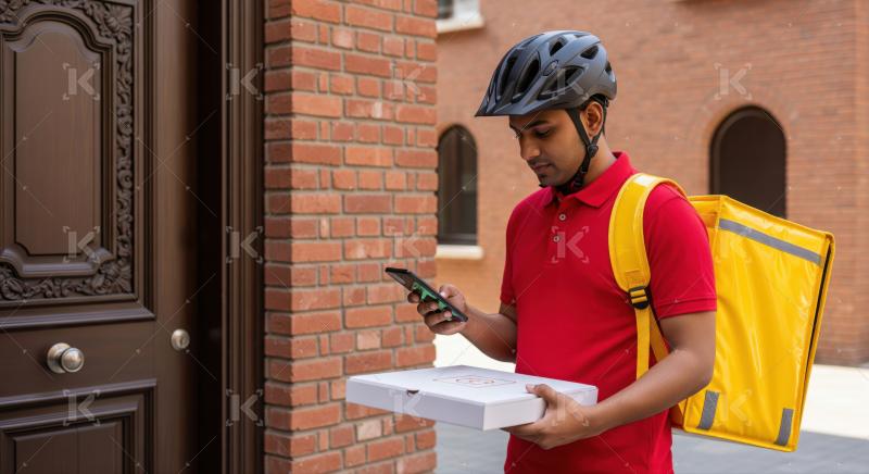 Focused delivery man checking phone with pizza box outside residence.