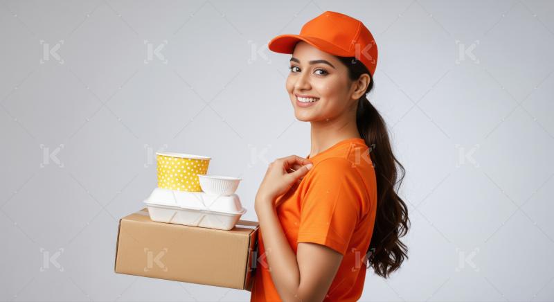 Friendly Indian woman delivers diverse food packages, smiling happily.