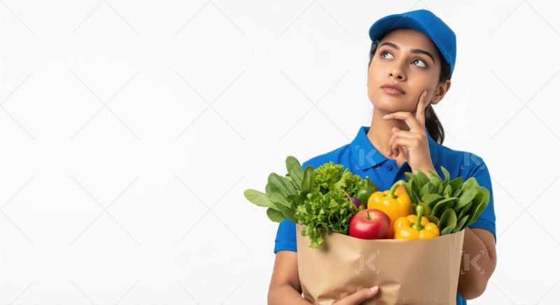 Young delivery person contemplating while holding bag of groceries.