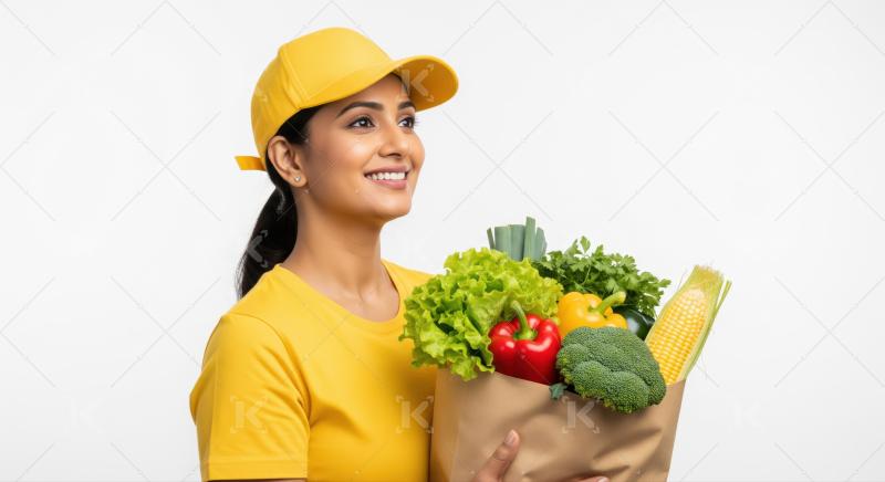 Smiling delivery woman holds fresh healthy vegetables in paper bag.