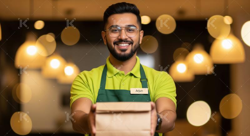 Cheerful delivery person offering packages with a pleasant smile.