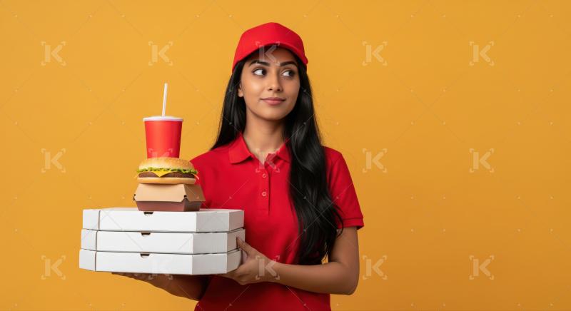 Cheerful courier presents hot pizza, burger, and cold drink.