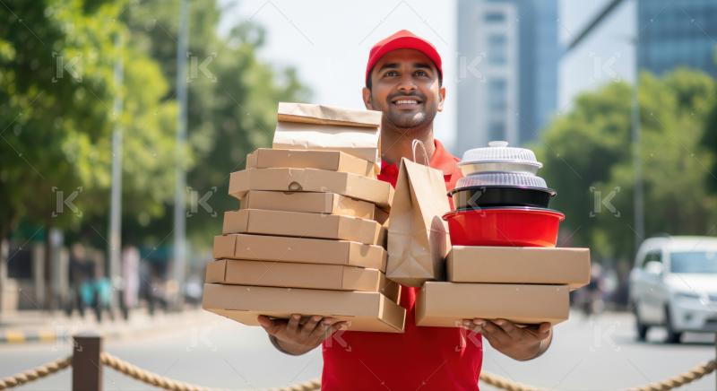 Happy delivery man carrying many food orders for customers.