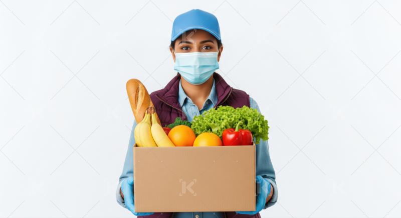 Woman courier delivers fresh groceries safely wearing mask and gloves.