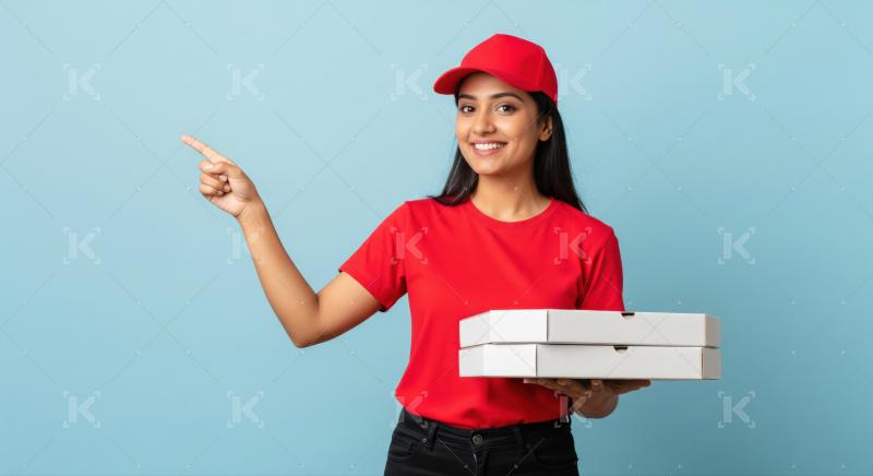 Friendly Indian woman delivers pizzas, pointing to an empty space.