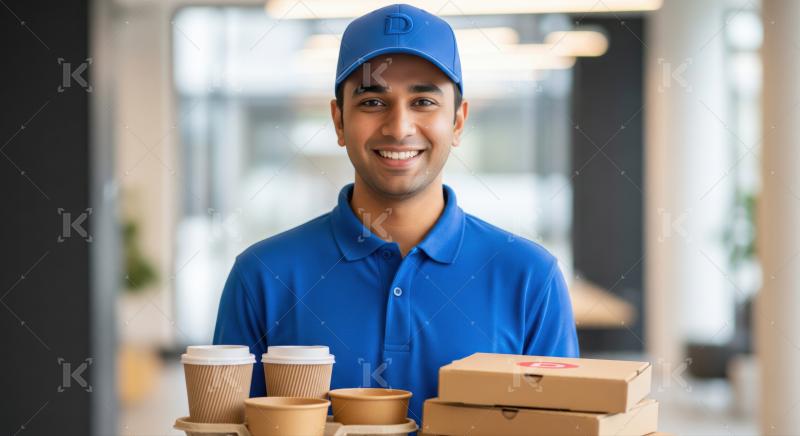 Smiling courier delivers multiple food items and hot beverages promptly.