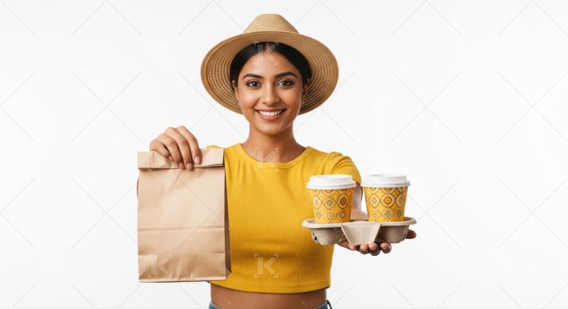 Happy woman delivers refreshing coffee and delicious food order.