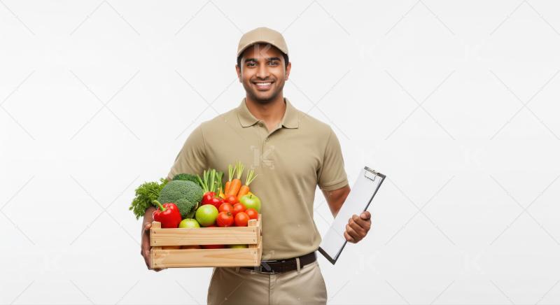 Friendly courier delivers fresh healthy groceries, fruits, and vegetables.