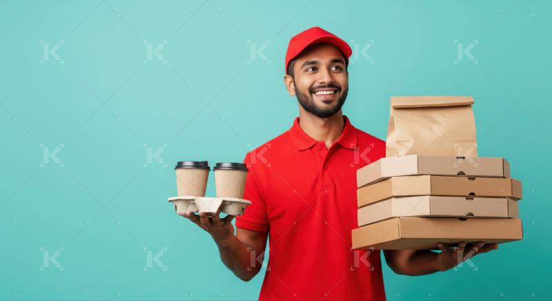 Smiling delivery man holds pizza boxes, coffee, and a paper bag.