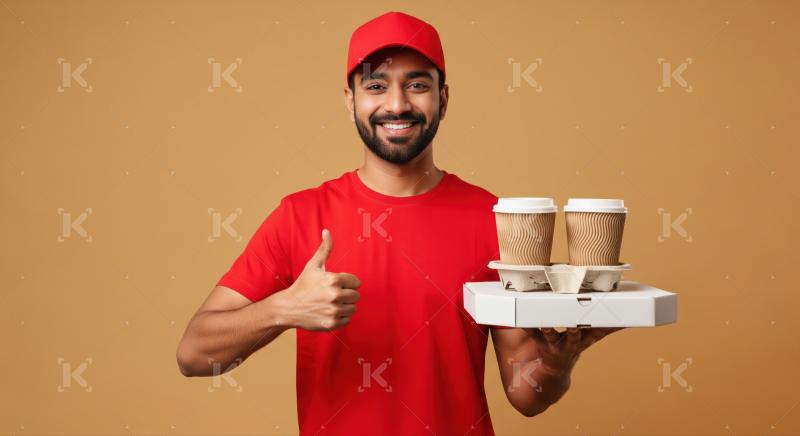 Friendly courier delivering pizza and coffee with a happy gesture.