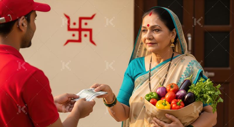 Elderly Indian woman receives fresh vegetable delivery and pays.