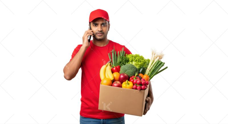 Man delivering fresh groceries, talking on his phone.