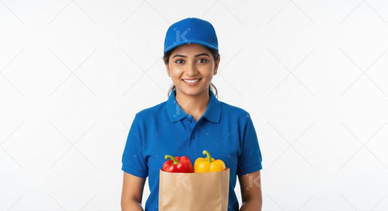Smiling delivery woman brings fresh, colorful bell peppers.