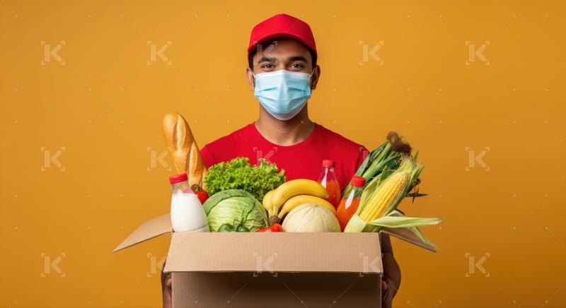 Young delivery man wearing mask holds box of fresh groceries.