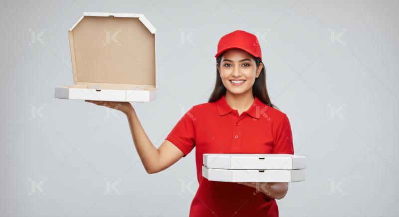Smiling young Indian woman delivering pizza boxes professionally.
