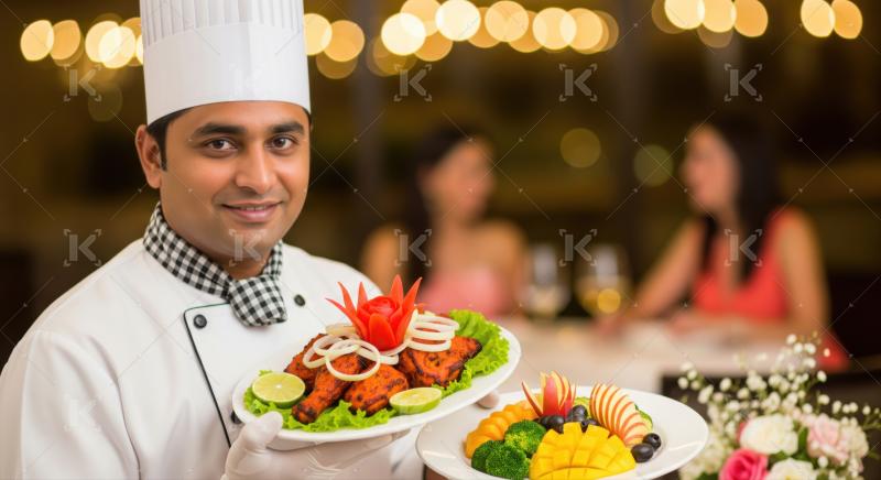 Professional chef proudly displays delicious Indian dishes and vibrant fruit platter.