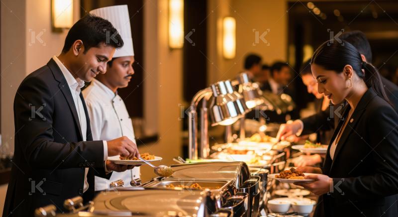 Diverse guests are happily serving themselves from a lavish buffet.