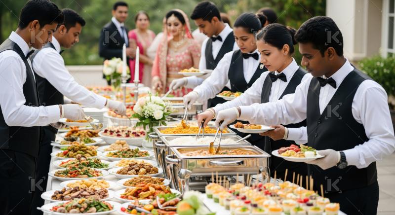Professional servers attend to a lavish Indian wedding buffet outdoors.