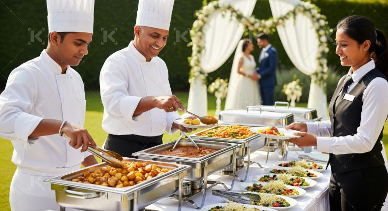 Catering staff serve delicious food at elegant outdoor wedding reception.