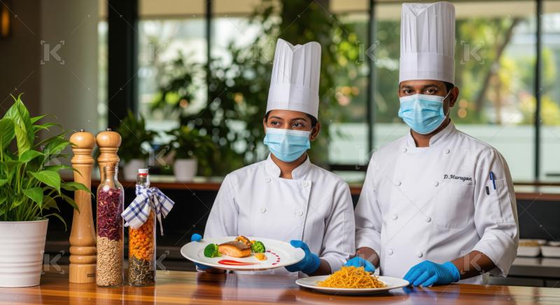 Skilled chefs present gourmet dishes, prioritizing hygiene and culinary expertise.