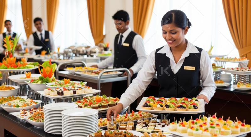 Professional catering staff preparing a delightful and varied buffet spread.