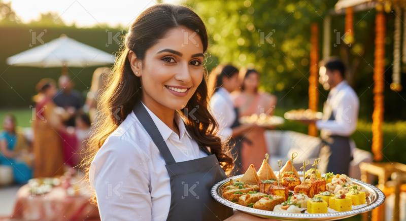 Young Indian woman serving a beautiful tray of traditional delicious snacks.