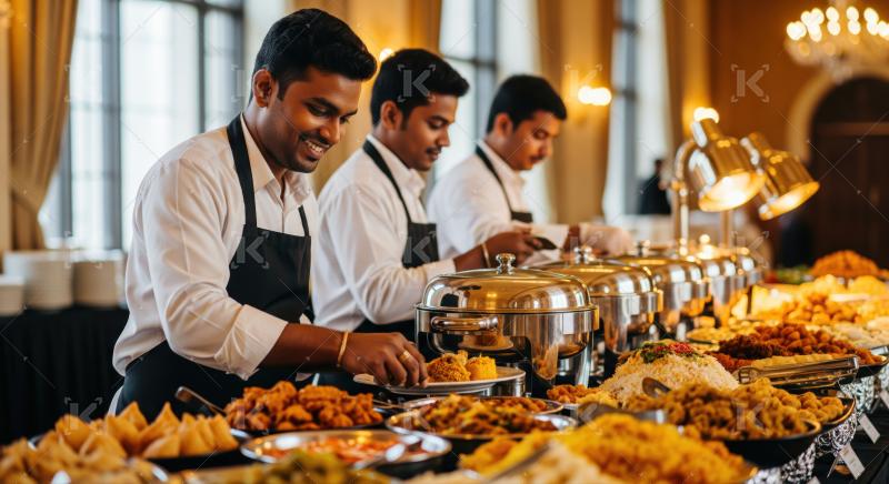 Professional caterers serving diverse delicious food at a beautiful event buffet.