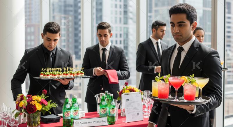 Professional waiters serving cocktails and canapés at a corporate event.