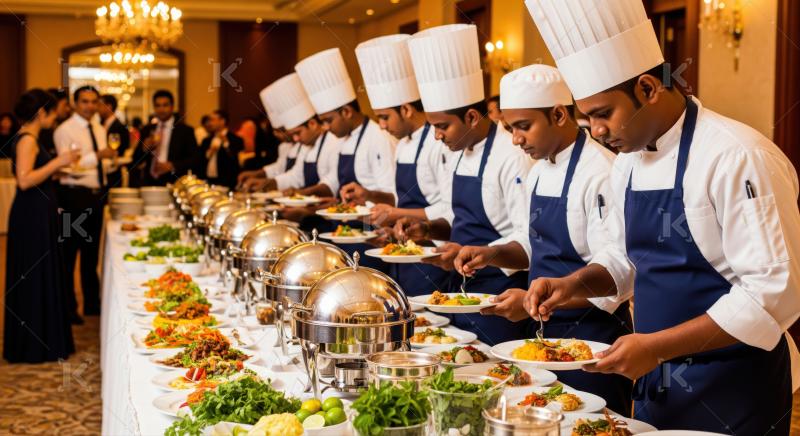 Elegant buffet with professional chefs serving diverse gourmet cuisine.