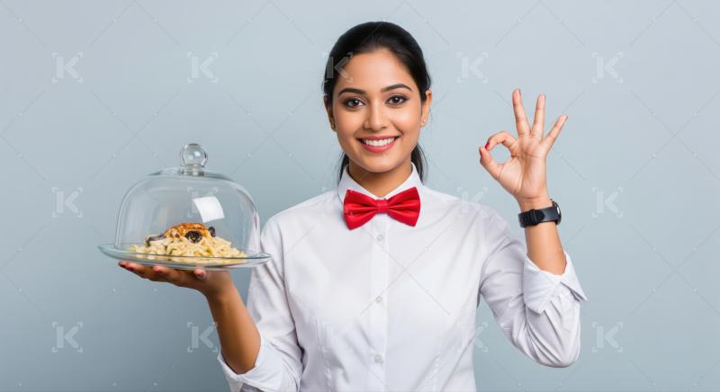 Smiling Indian waitress serves food, indicating excellent service.