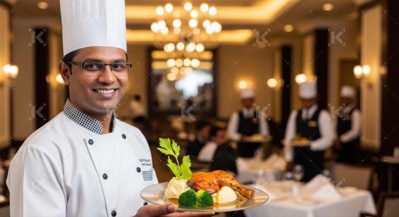 Professional chef proudly presents gourmet chicken dish in elegant restaurant setting.