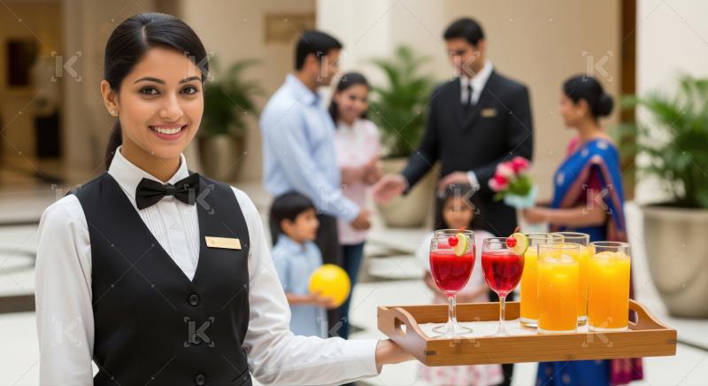 Friendly Indian staff offers welcome drinks in elegant hotel lobby.