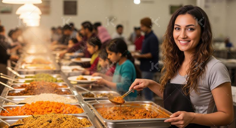 Smiling woman offers delicious, hot Indian dishes from buffet.